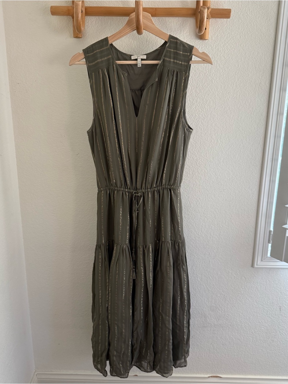 Joie boho Tiered Midi Dress Klea Olive/Gold Metallic-Striped Silk blend Size S